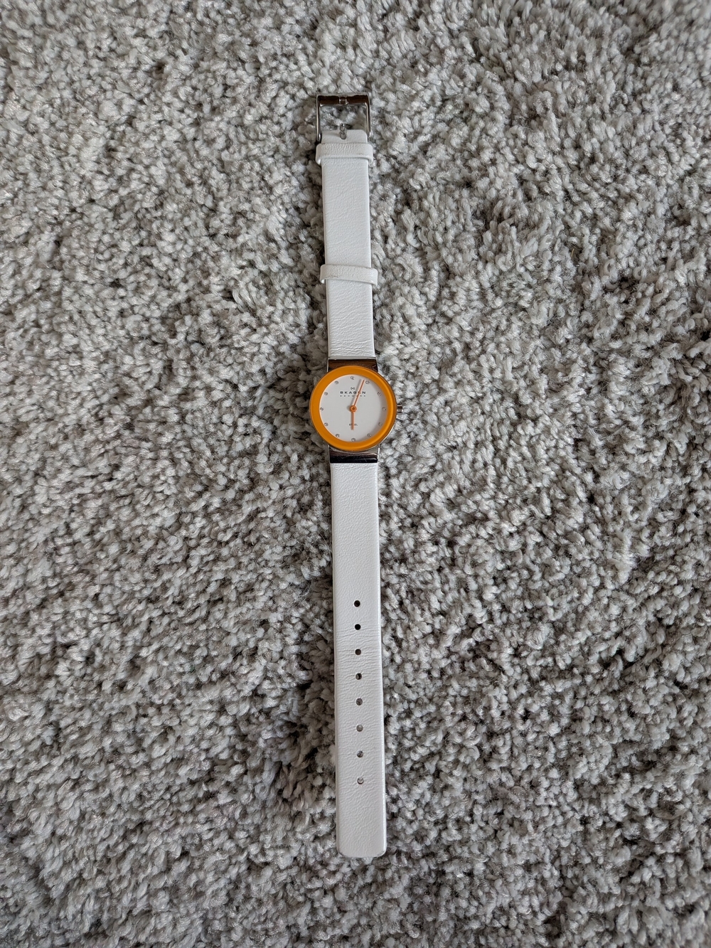 SKAGEN White Leather Strap Watch with Orange Bezel